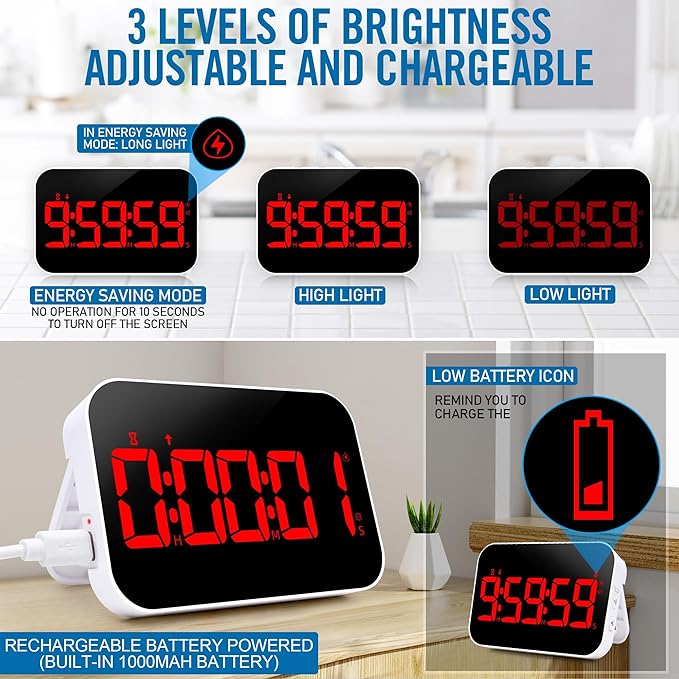 Kitchen Digital RED Timer, Count Down Up, Rechargeable, Vibration Mode - Image 4
