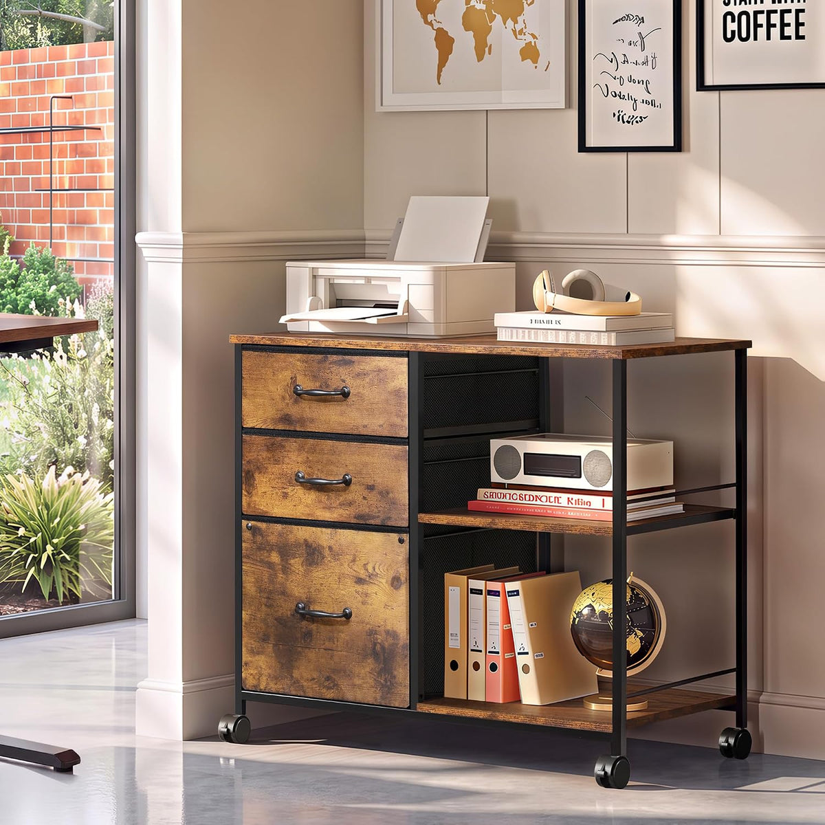 devaise 3 drawer mobile file cabinet, fabric lateral shown in use