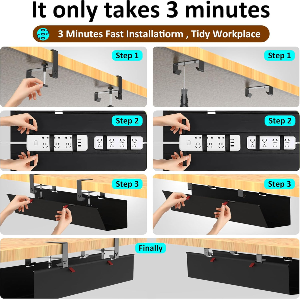48" Gaming Under Desk Cable Management Tray, Black No Drill Cord Organiz...