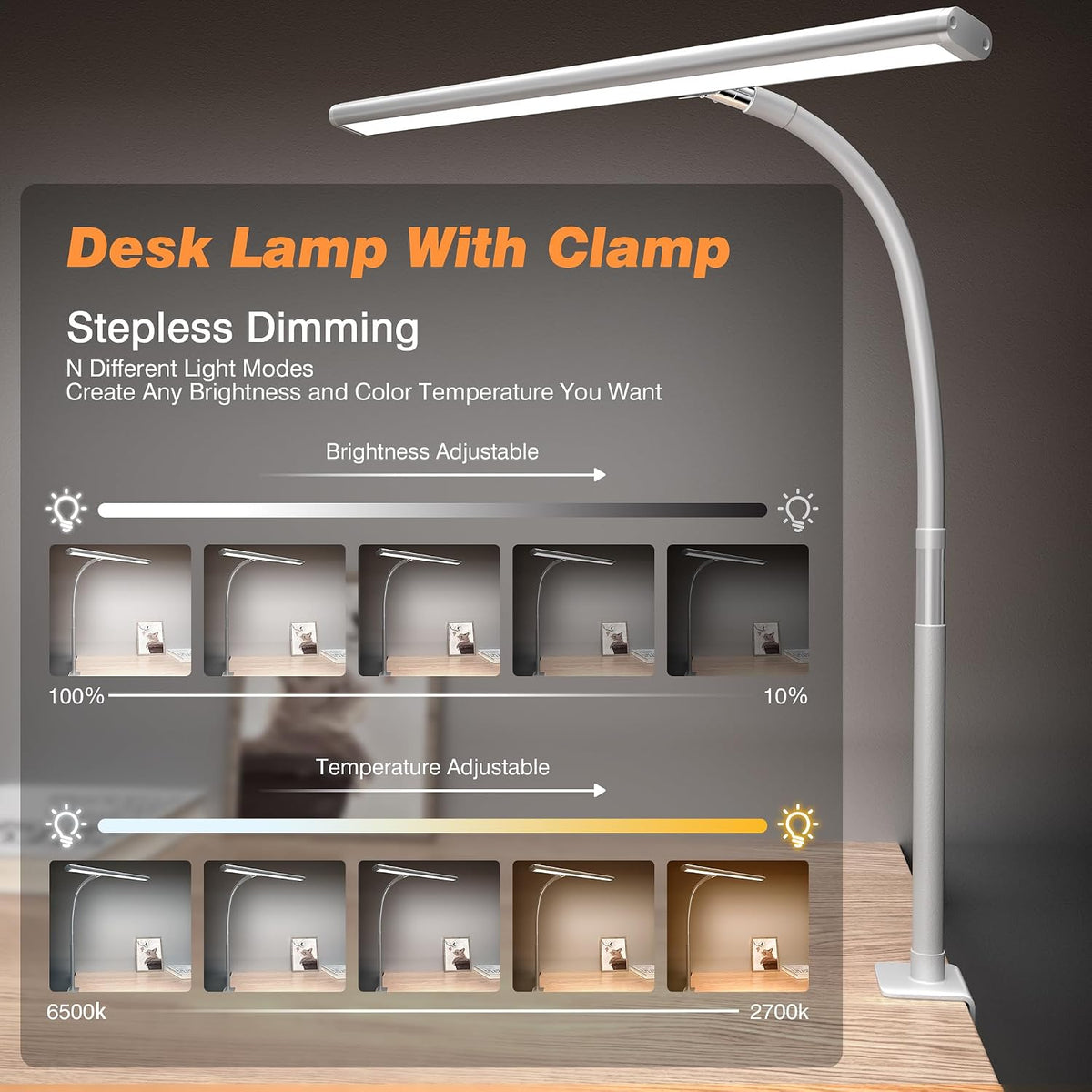 Airlonv LED Desk Lamp with Clamp, 17" Stepless Dimming Light, White
