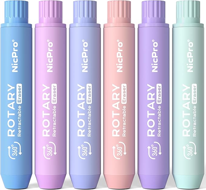 Nicpro 6 Pack Rotary Retractable Erasers, Soft TPE Rubber Twist Large Pencil by Nicpro