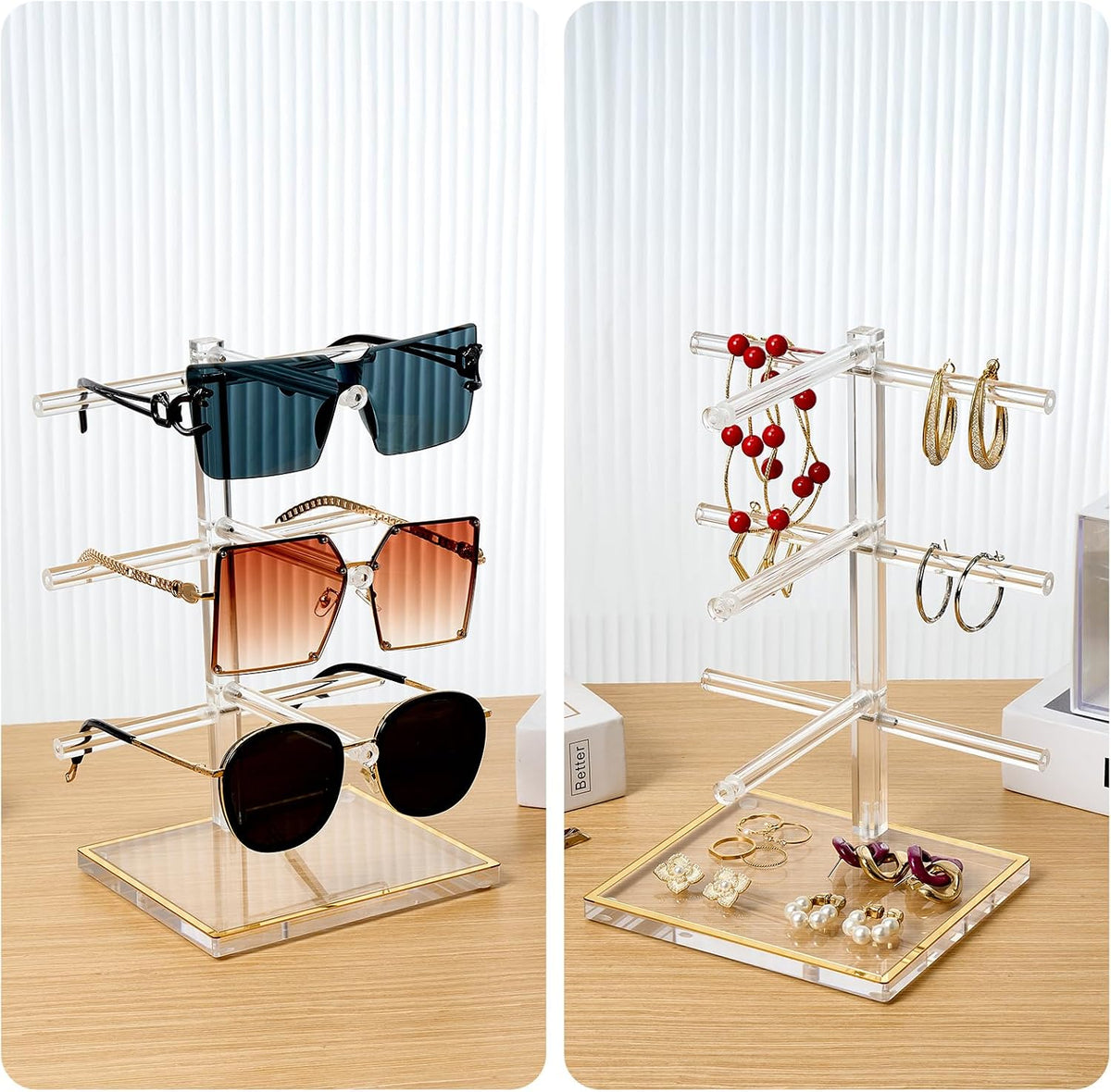 Acrylic Sunglasses Stand Set, 2 & 3-Tier Gold Glasses Holder