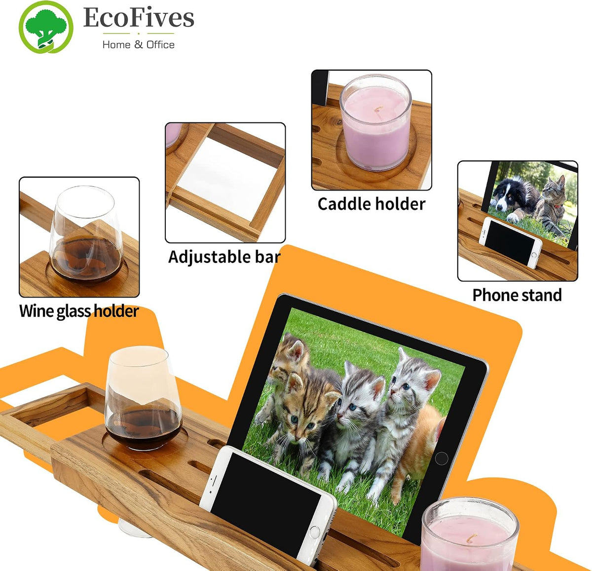 EcoFives Teak Bathtub Tray Caddy - Expandable Bath Tray - Adjustable Organize...