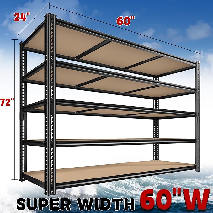 ROOMFAVE 60" W Garage Shelving 72" H Metal Shelving 3500LBS Storage Shelves - Image 3