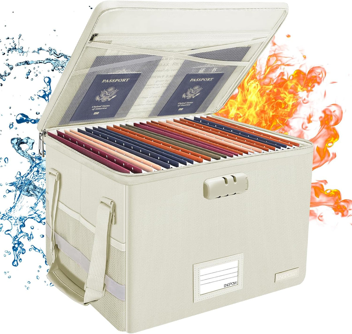 ENGPOW File Box with Lock, Fireproof Document Box with Zipper Lid, Collapsible