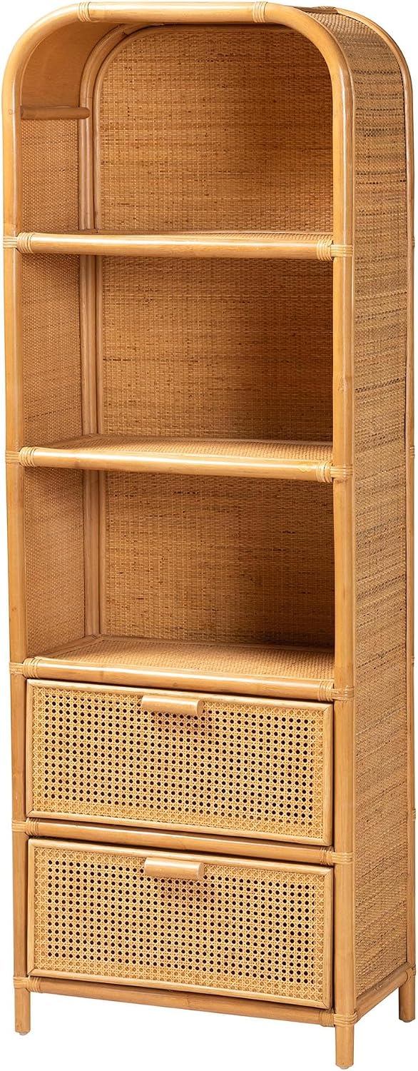 Bali & pari Curacao Modern Bohemian Light Honey Rattan 2-Drawer Bookcase