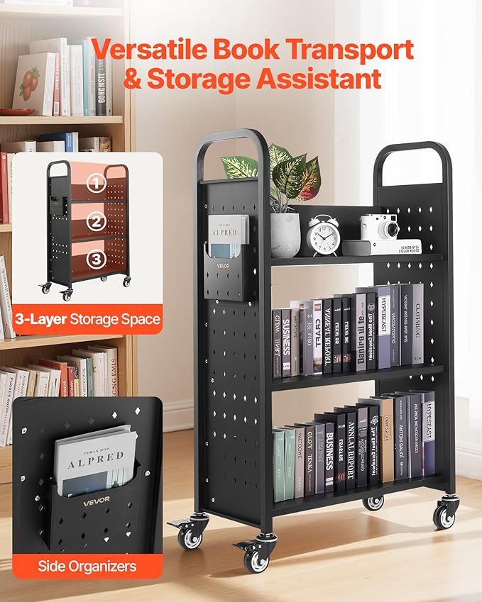 VEVOR Rolling Library Book Cart, 330 lbs Capacity, 30.3 x 15 x 48.0-Inch - Image 4