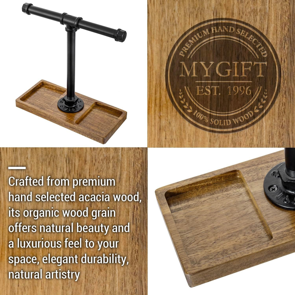 MyGift Premium Acacia Solid Wood and Industrial Black Metal Pipe T-Bar Over E...