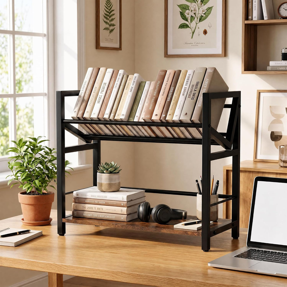 2-Tier Desktop Bookshelf, Office Desk Shelf Organizer, Slanted Book Rack