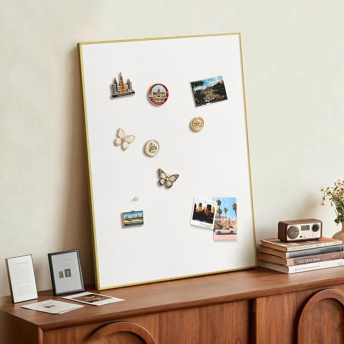 SELEAD Linen Bulletin Board 30” x 20” - Golden Aluminum Frame, Beige Fabric