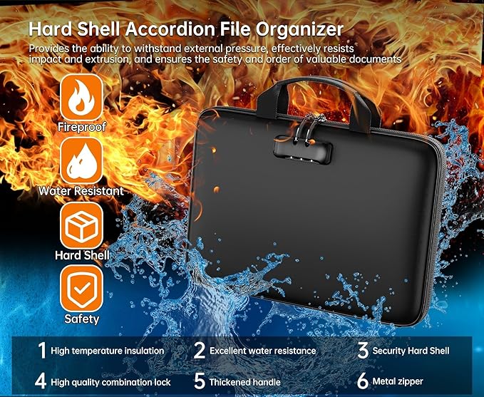 Fireproof File Organizer with Lock, Hard-Shell Case Fireproof Document Box with - Image 7