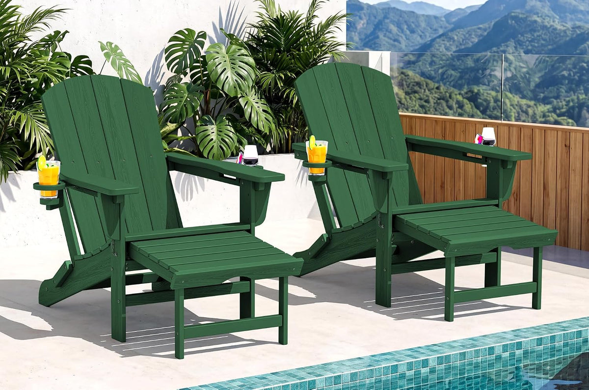 SERWALL 2-Pcs HDPE Folding Adjustable Adirondack Chair with Ottoman, Green