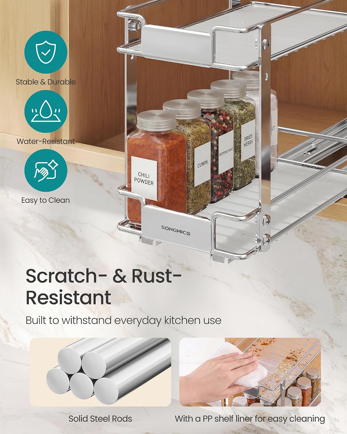 SONGMICS Spice Rack Organizer for Cabinet, Pull Out 2 Tier Thick Steel