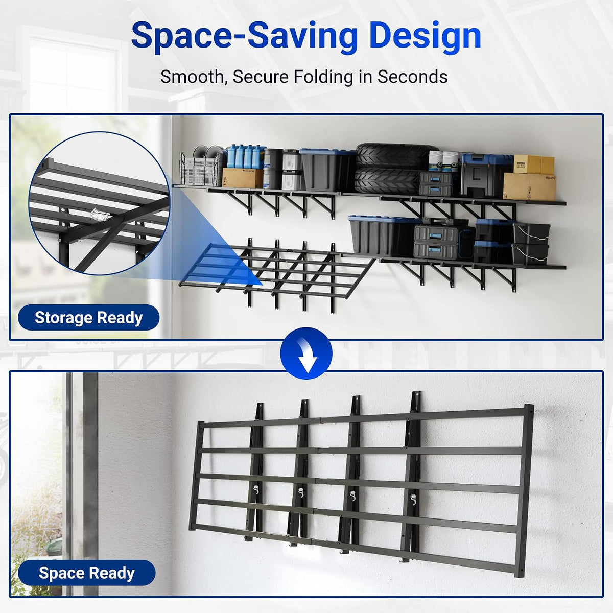 fleximounts fold-down 2-pack 2x6ft garage wall shelving, 1800lbs, close-up detail
