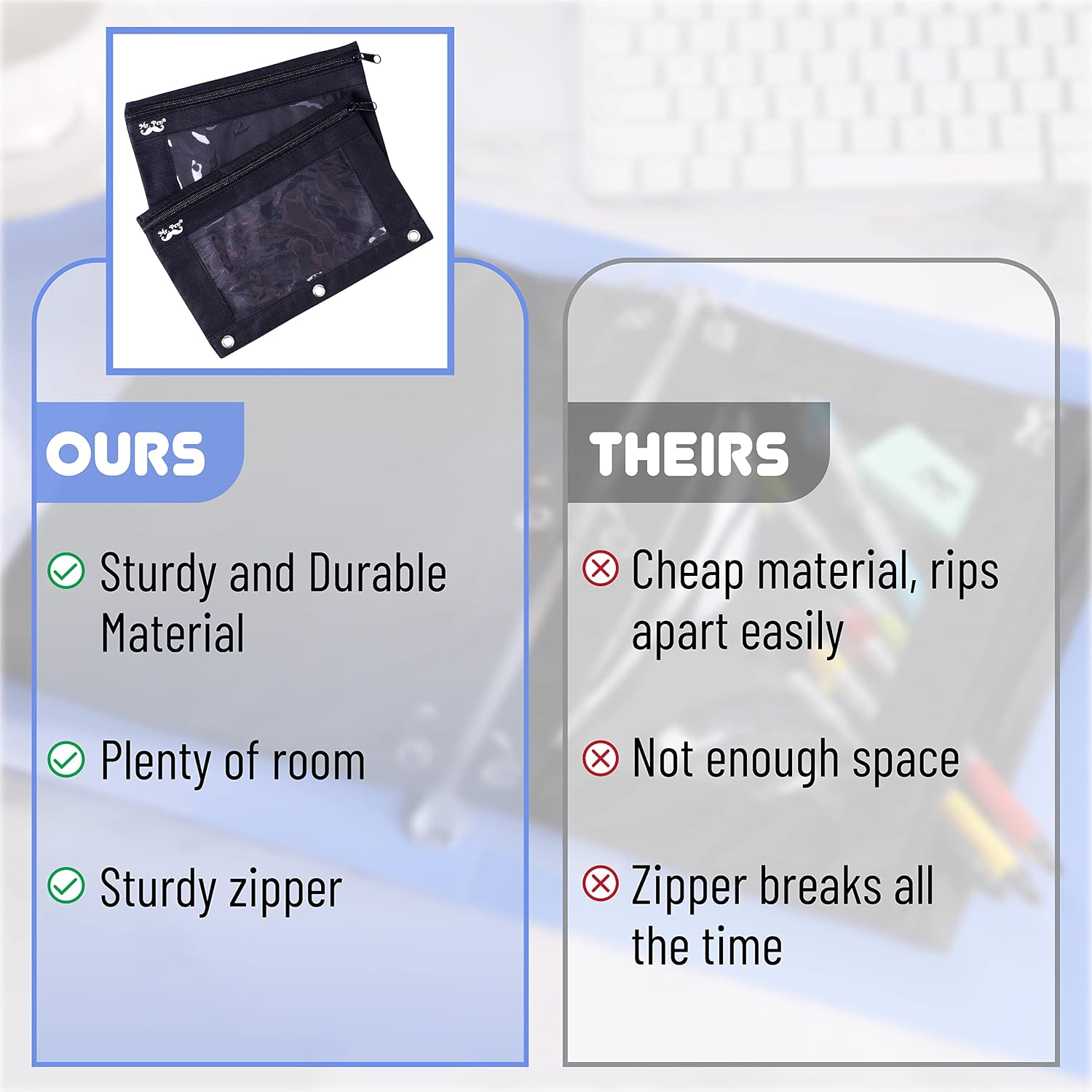 Mr. Pen- Pencil Pouch for 3 Ring Binder, 2 Pack, 10"x6.75", Smooth Zipper | Clear Window, Large Capacity Pencil Case with 3 Reinforced Grommets for School, Office, Supplies Storage