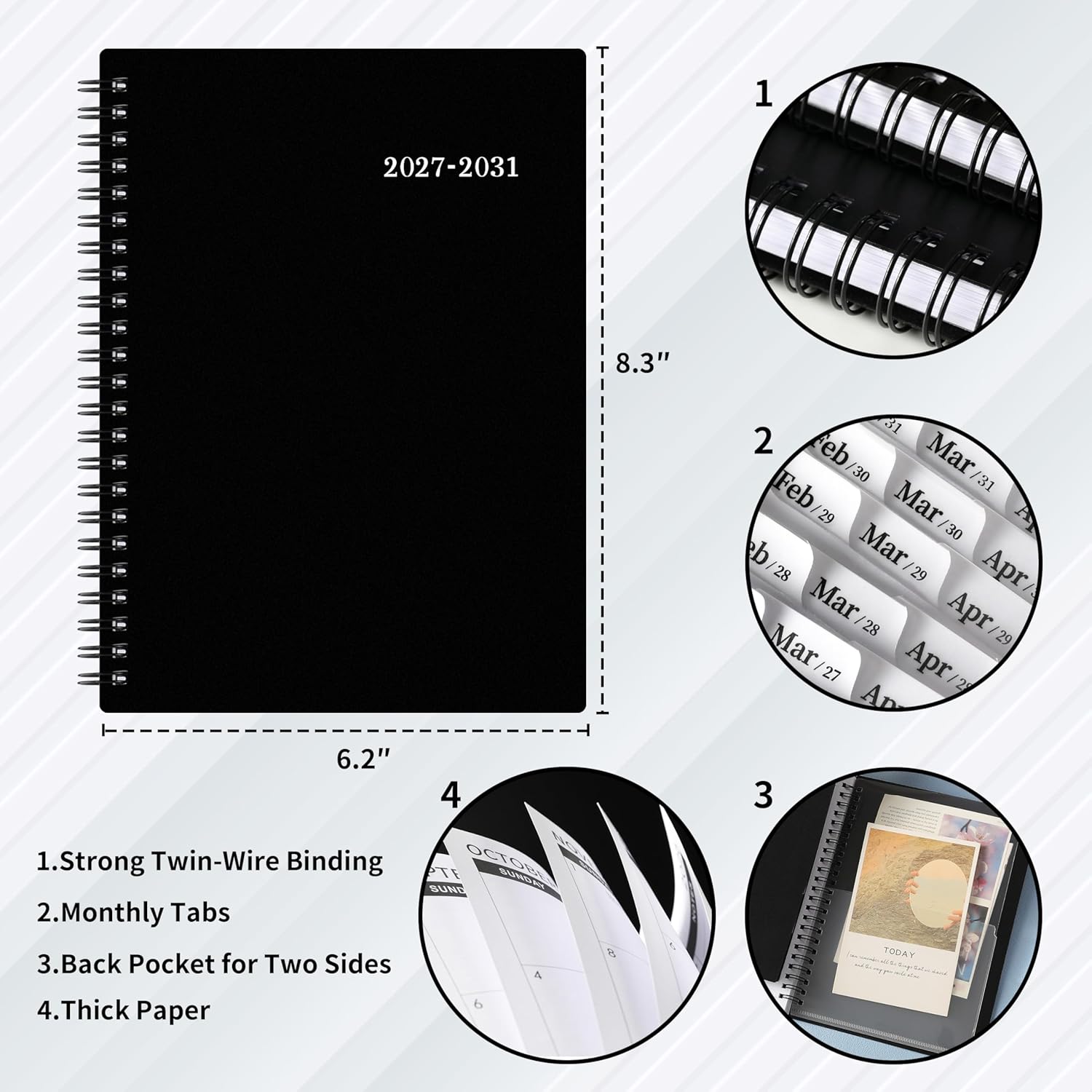 2027-2031 Monthly Planner/Calendar - Jan. 2027 - Dec. 2031, 6.2" x 8.3" | Monthly Planner, 5 Year, Multi Year Calendar 2027-2031 with Twin-Wire Binding, Tabs, Storage Pocket - Black