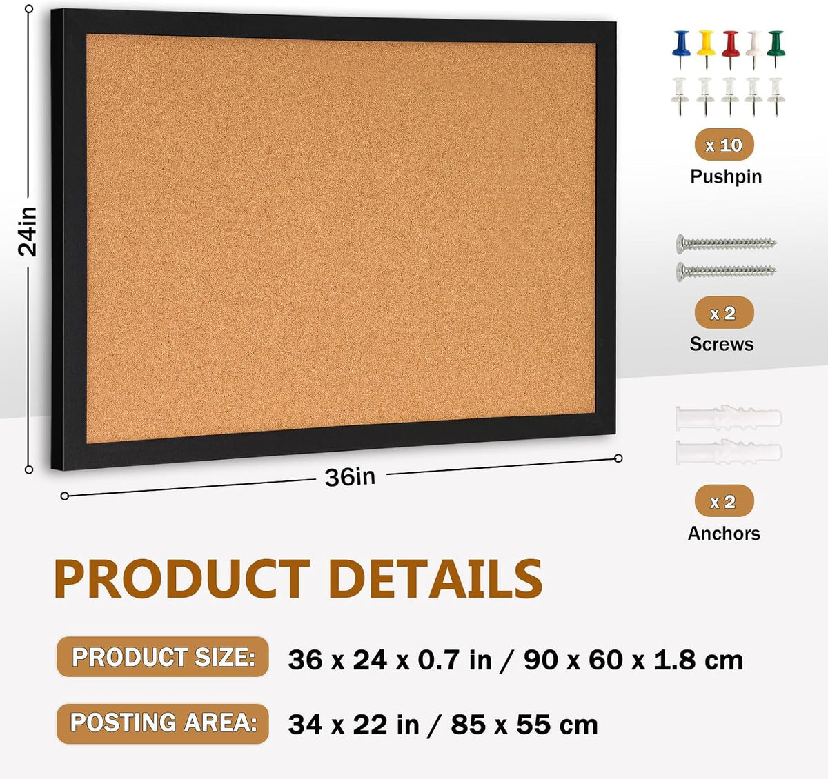 DOLLAR BOSS Cork Board for Wall 36"x24", Black Wood Framed Bulletin...