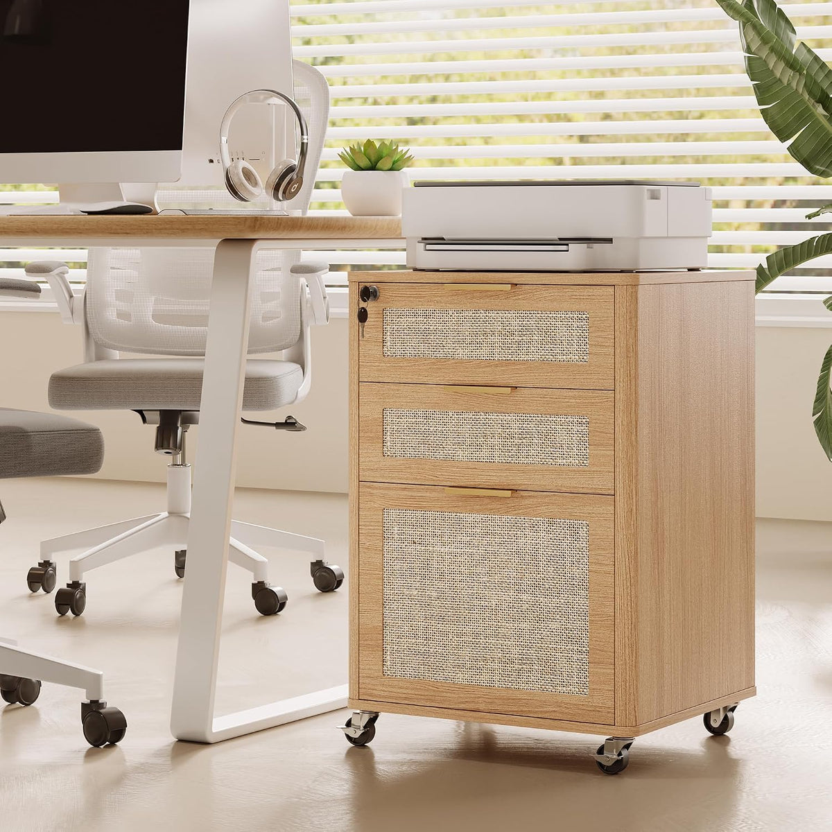 INNOD 3 Drawers Rattan Mobile File Cabinet with Lock, Rolling File Cabinet Pr...