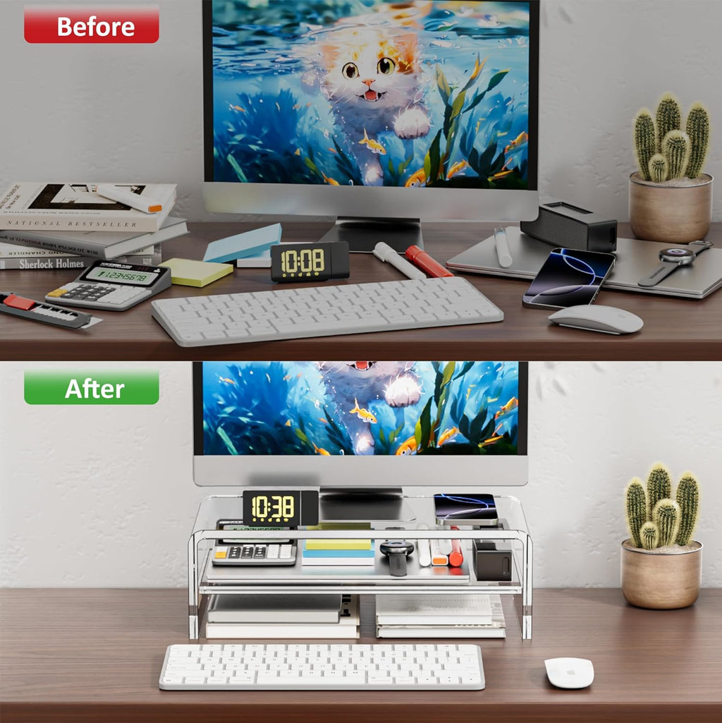 egchi clear acrylic monitor stand riser 2 tier, side view