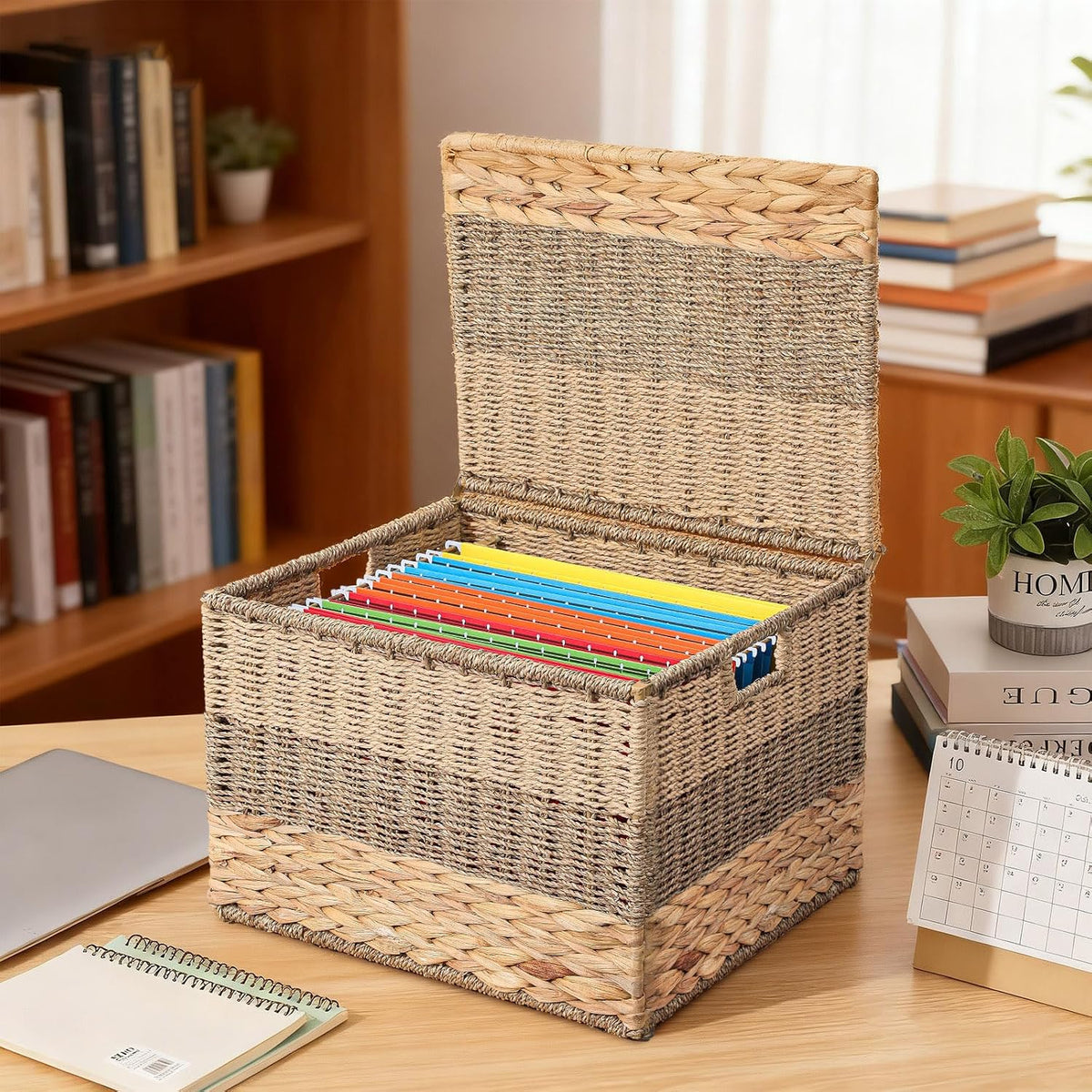 Cinnvoice Decorative File Box, Wicker File Basket Hand Woven, Letter Size