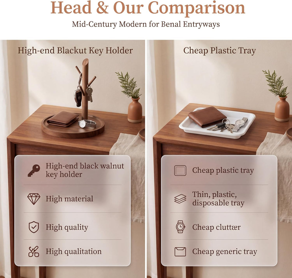Solid Acacia Wood Key Tray & Key Bowl, Entryway Key Holder Bowl with Hook...