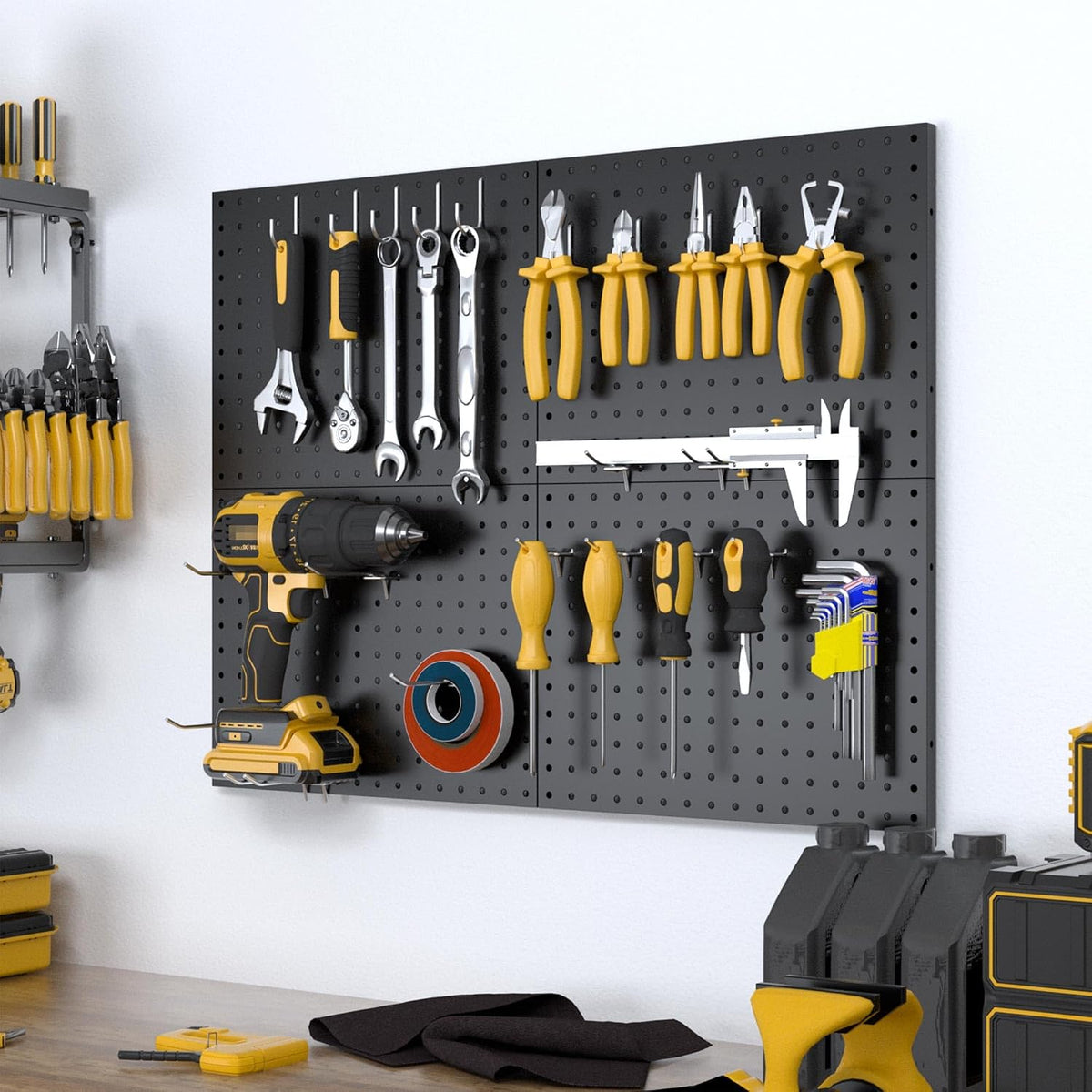 spampur peg board, 4 pack metal black pegboard shown in use