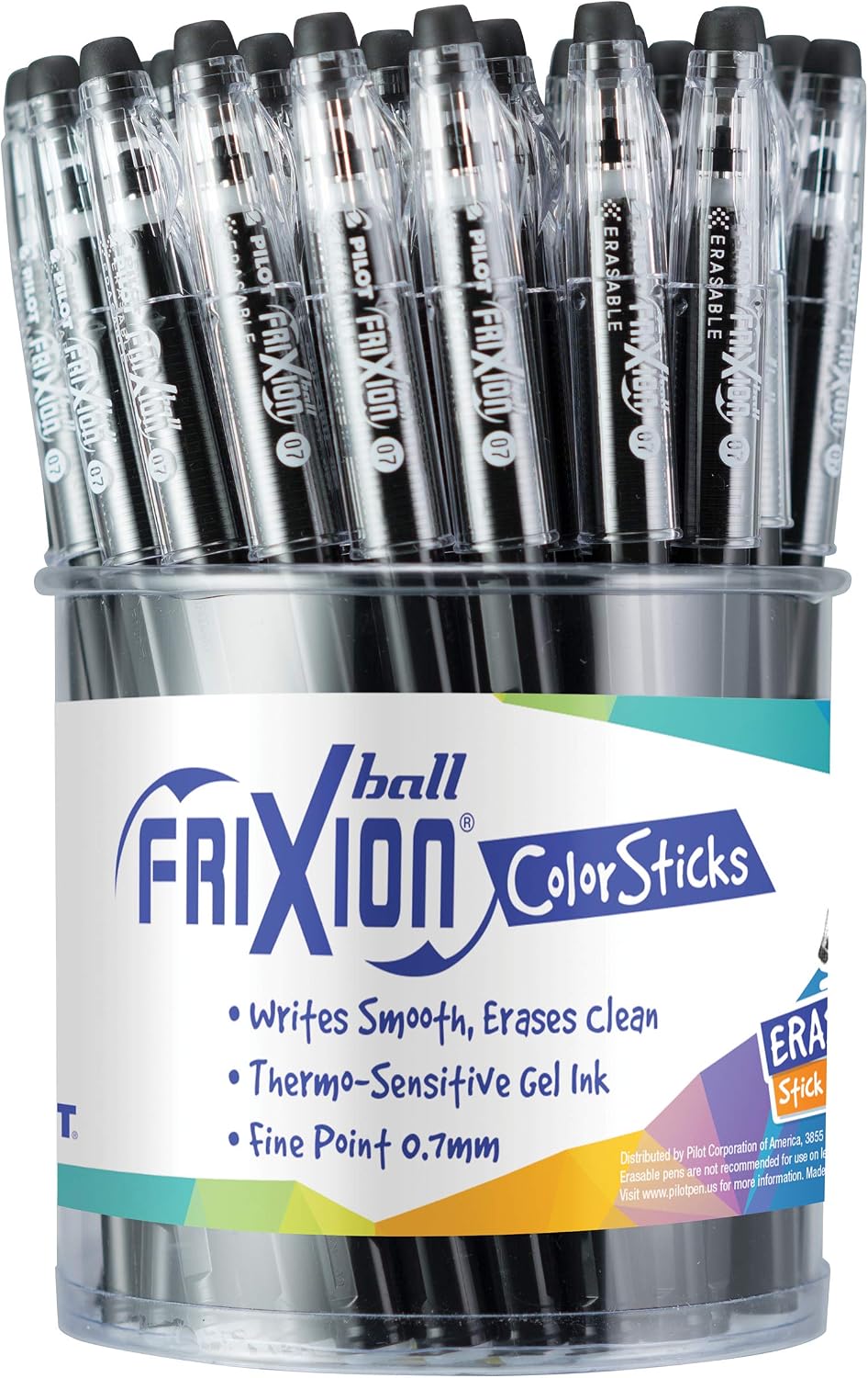 PILOT FriXion ColorSticks Erasable Gel Ink Pens, 0.7mm, Black, Tub of 36