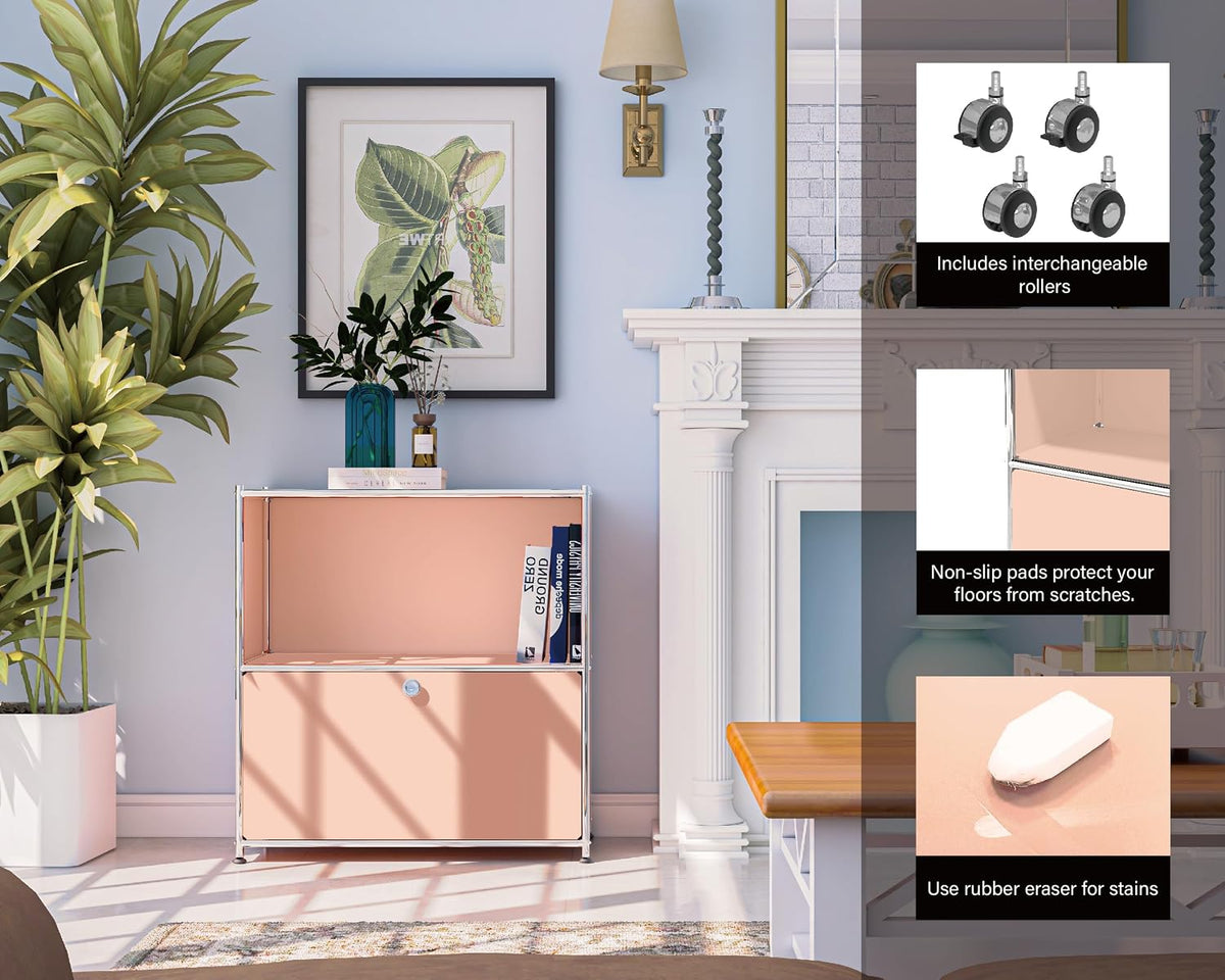 Metal Flip-Top Cabinet, Detachable Wheels, Modern Sideboard H32.5