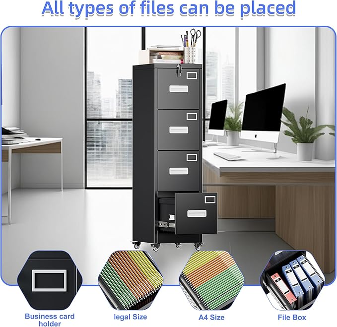 METAN 4 Drawer File Cabinet on Wheels, Lockable Metal Filing Cabinet - Image 8