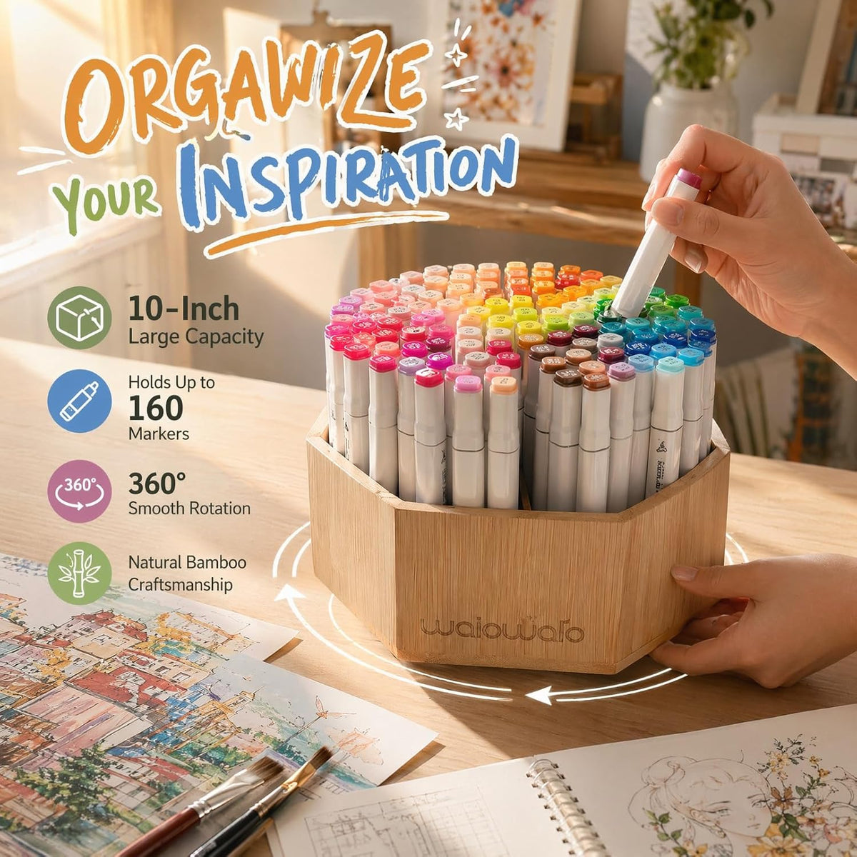 walowalo Bamboo Rotating Art Supply Organizer Caddy Holds 800+ Pencils Spinni...