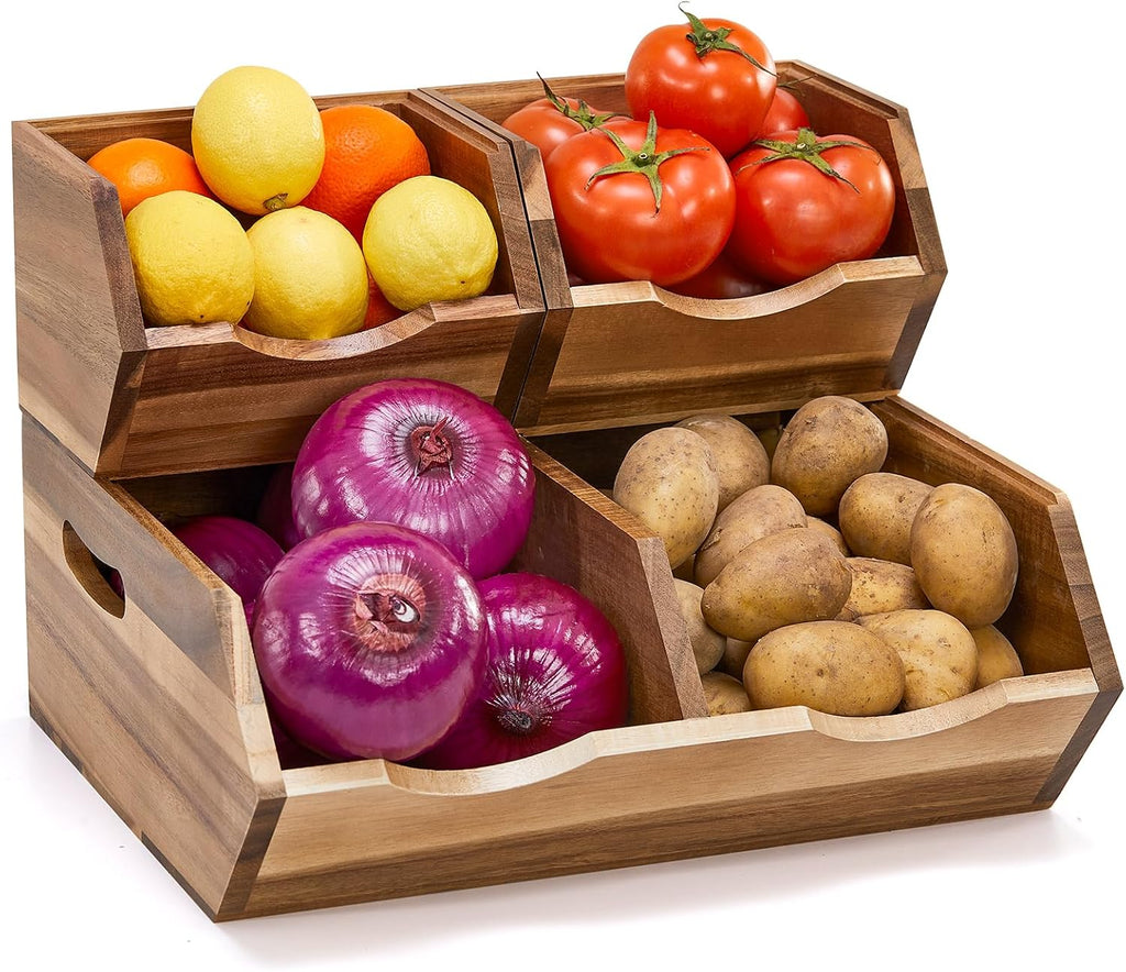 acacia wood pantry storage bins, stackable storage baskets, main product view