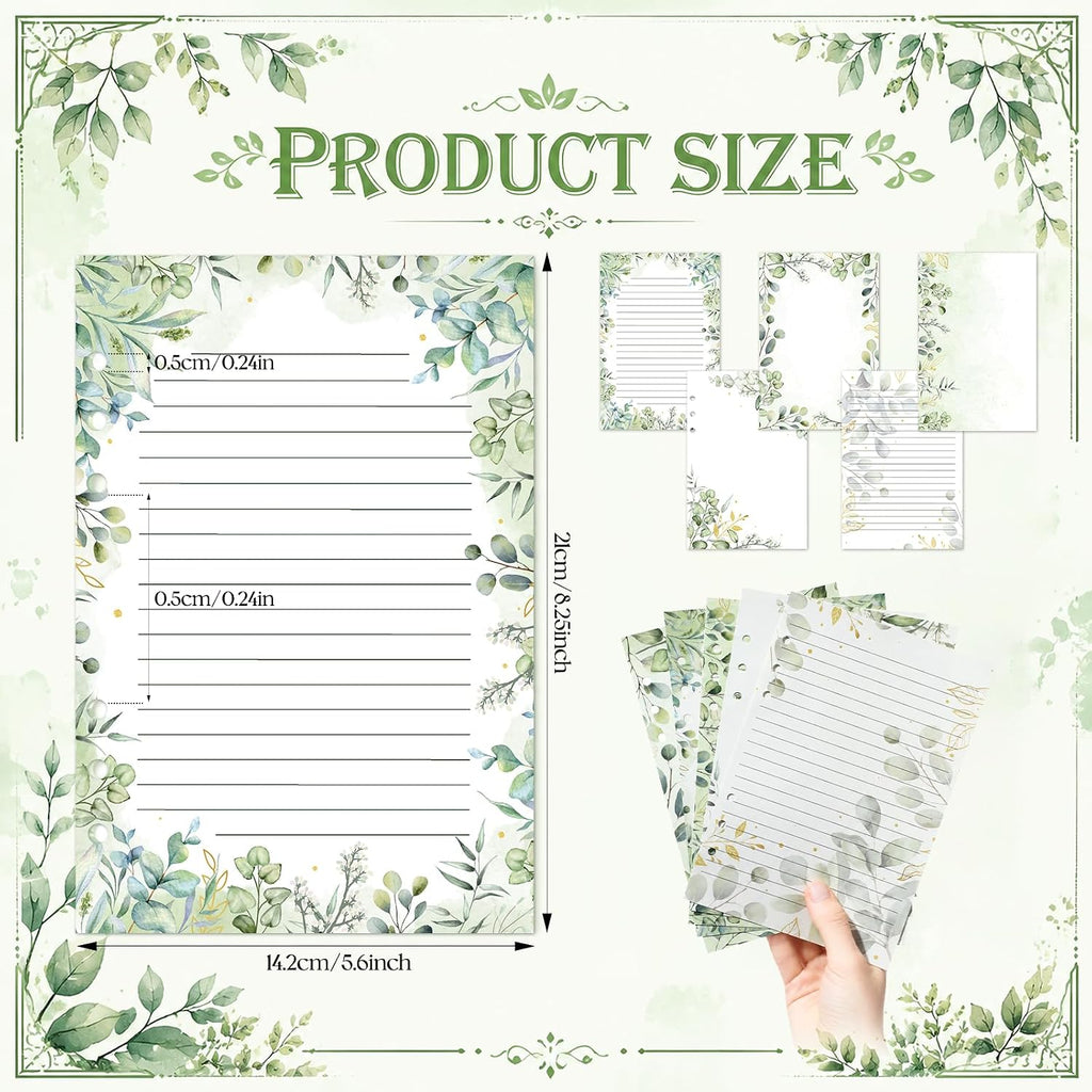 100 Sheets Sage Green A5 Planner Inserts - 120GSM Thick Greenery Refill Paper for A5 6-Ring Binder, Eucalyptus Leaves 6 Hole Loose Leaf Sheets for Journal Diary Notebook Budget Creative Planning