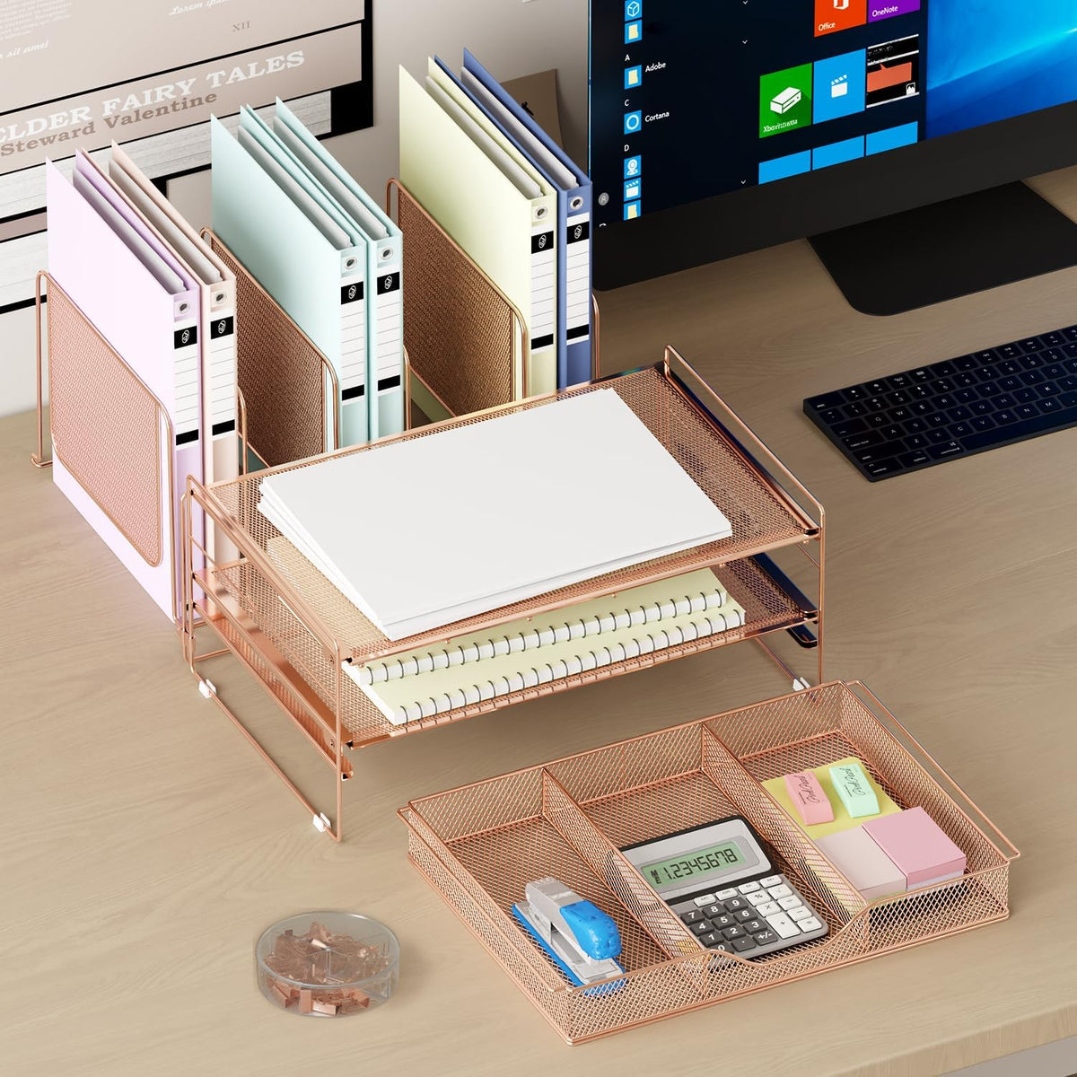 leketree rose gold desk organizer, office organization with, close-up detail