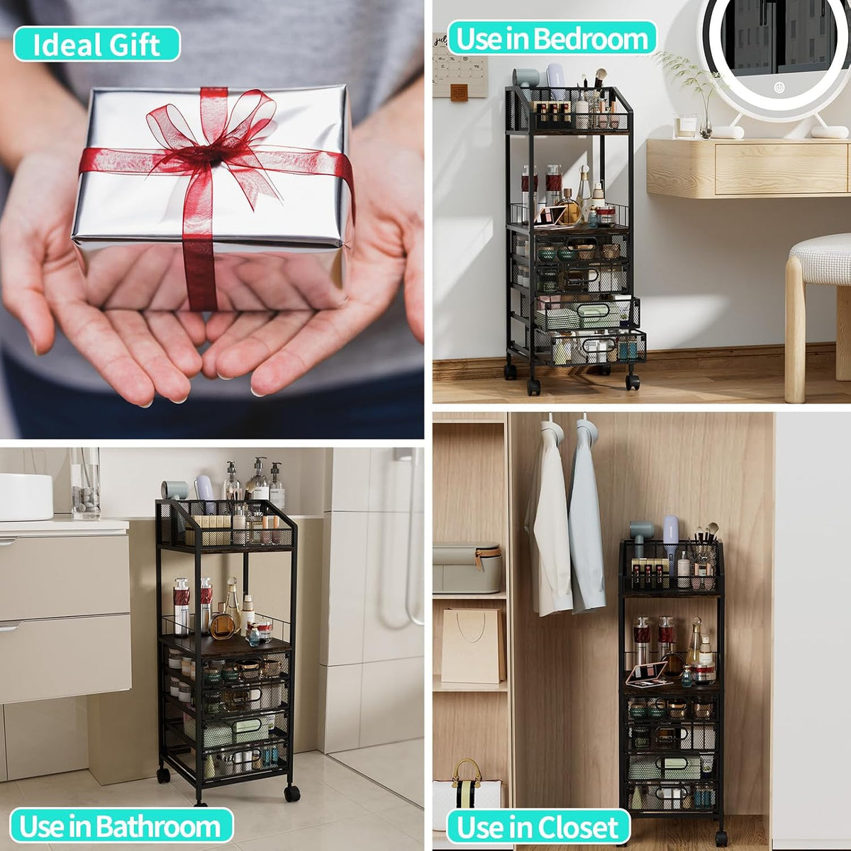 HapiRm Makeup Organizer Storage Cart - Floor Skincare Make Up Storage with 4 ...