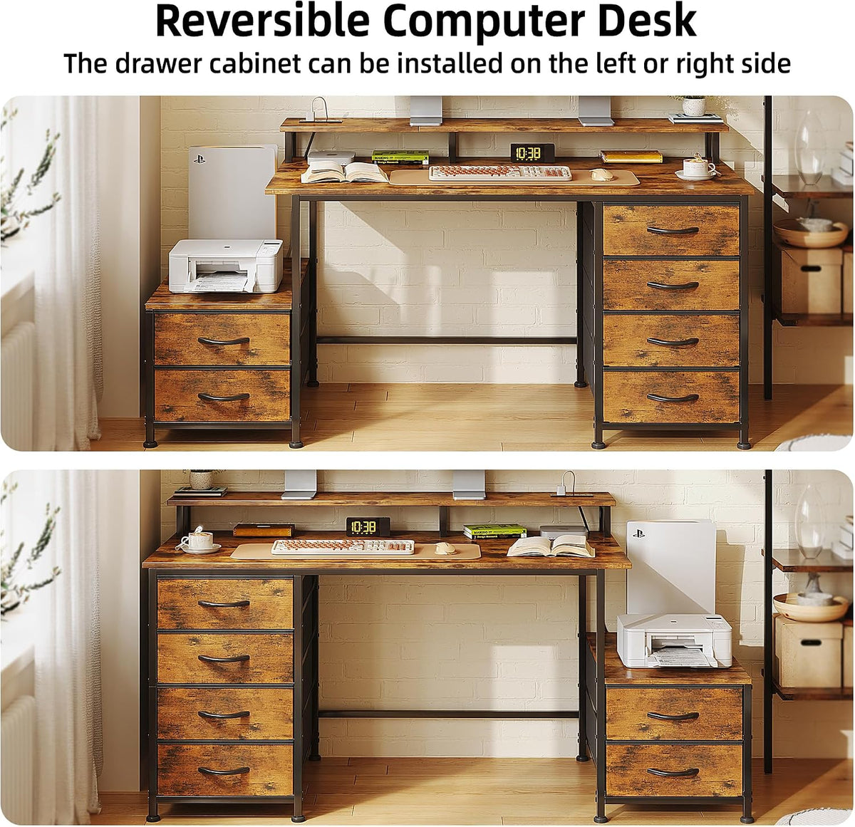 52 Inch Office Desk with 6 Drawers and Printer Space for Storage, Reversible ...