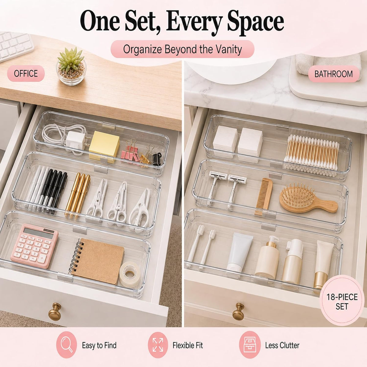 18 Pcs Clear Adjustable Drawer Organizer, 2-Size Desk Drawer Organizer Box, A...