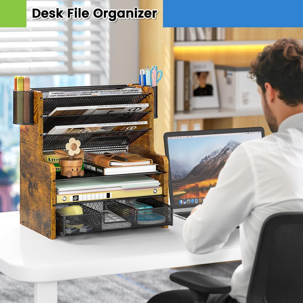 daoutime 6-tier mesh desk organizer with drawer, wooden shown in use