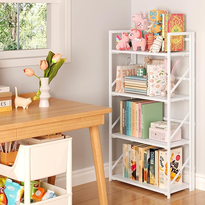 JSB No Assembly Folding Bookshelf, 4 Tier Industrial Metal Book Shelf - Image 4