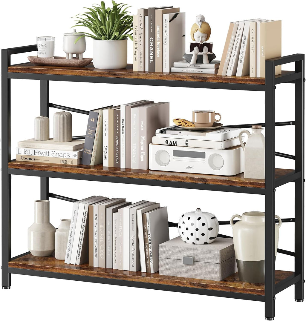 3 Tier Bookshelf 39.37" Width, Long Industrial Bookcase, Vintage Farmhouse