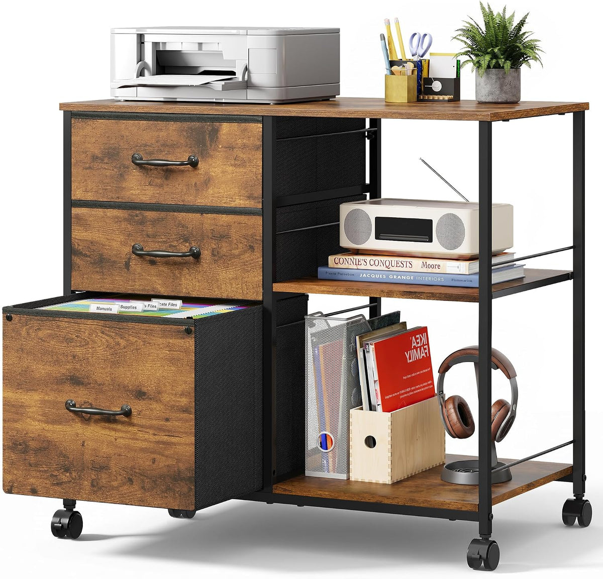 DEVAISE 3 Drawer Mobile File Cabinet, Fabric Lateral Filing Cabinet