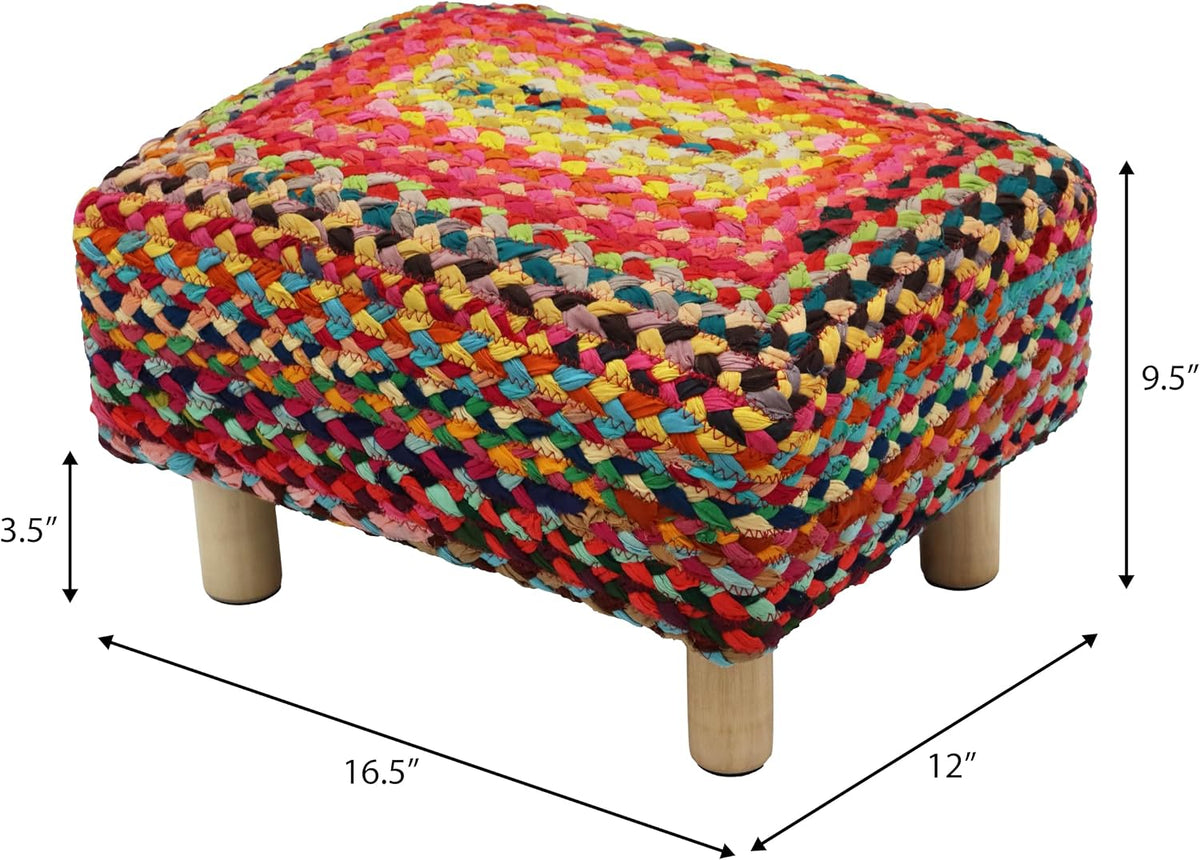 COTTON CRAFT Multi Chindi Footrest - Braided Cotton Rag Rug Foot Stool