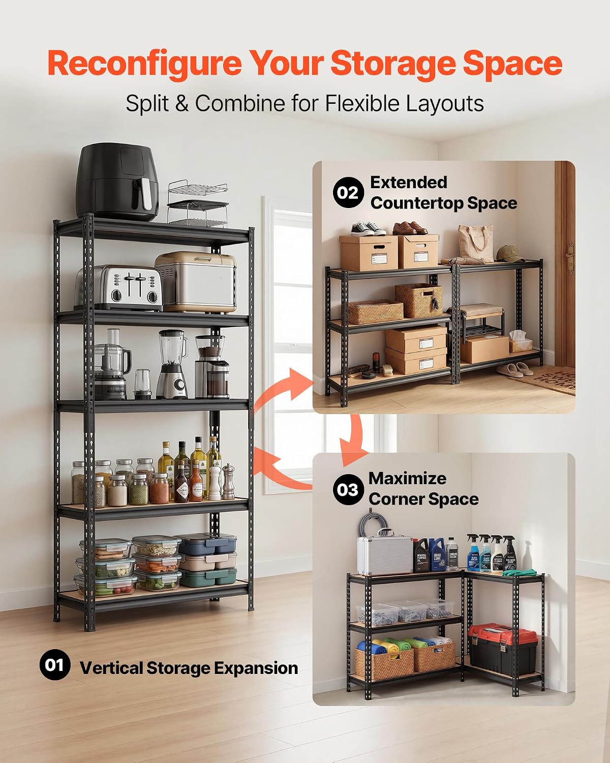 vevor storage shelves, 5-tier adjustable, 3000 lbs capacity showing dimensions
