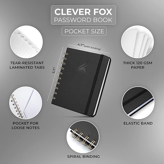 Clever Fox Password Book Spiral – Mini Internet Address & Password Organizer - Image 2
