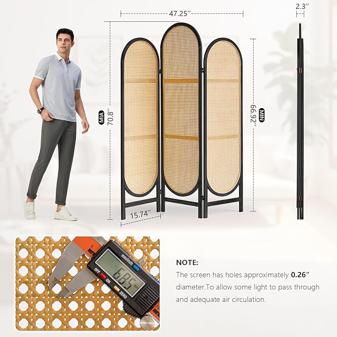Asnefeli Room Divider 3 Panel, Hand-Woven Rattan Room Divider - Image 6