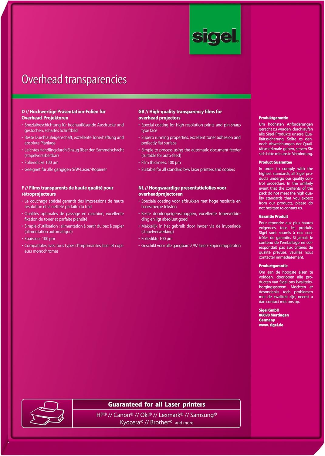 Sigel LF419 Transparency Film for Laser/Copier B&W, clear, 100 mic, A4, 100 sheets