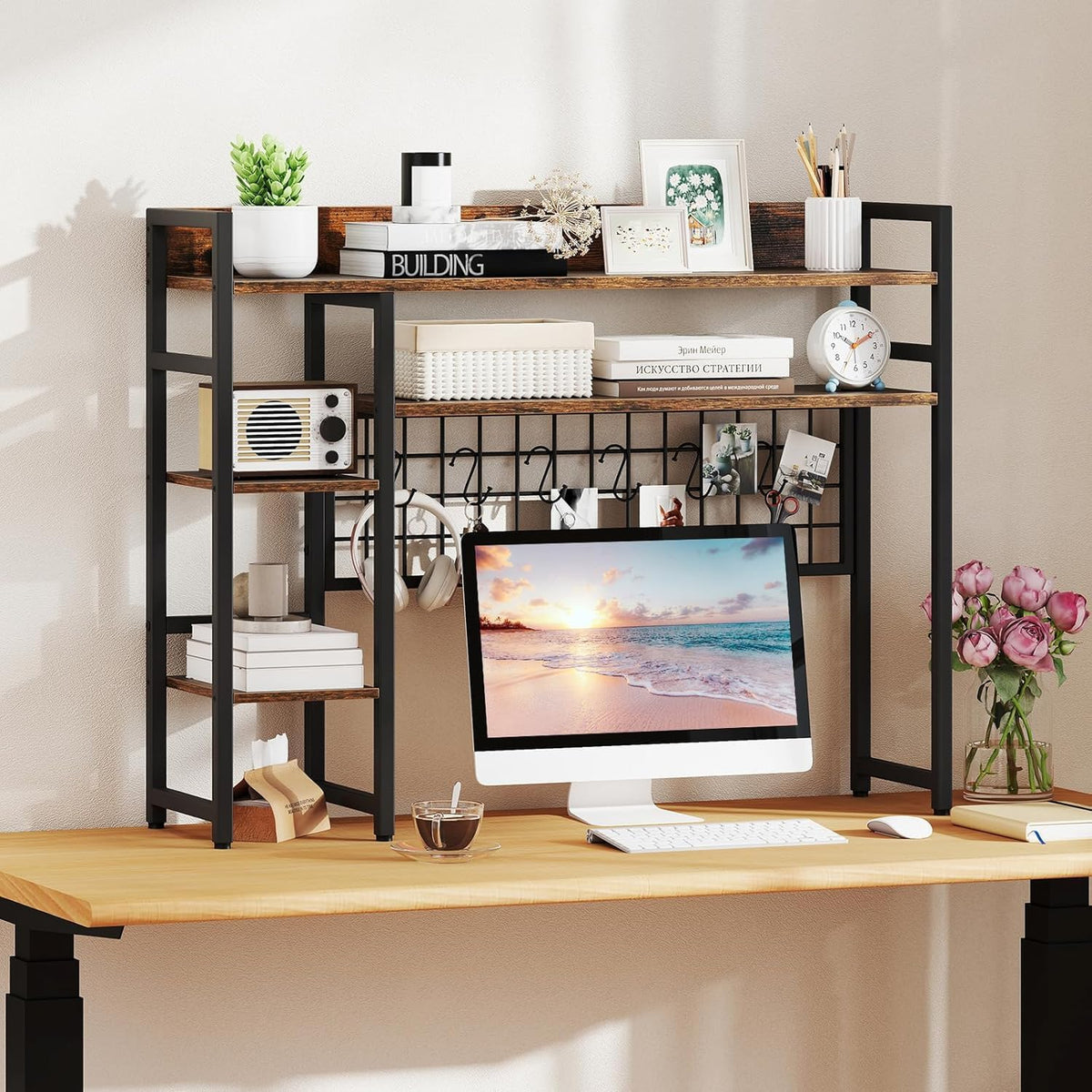 COSTWAY Desktop Bookshelf for Monitors up to 32", Countertop Organizer