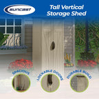 suncast vertical shed, compact outdoor storage system, 22 shown in use