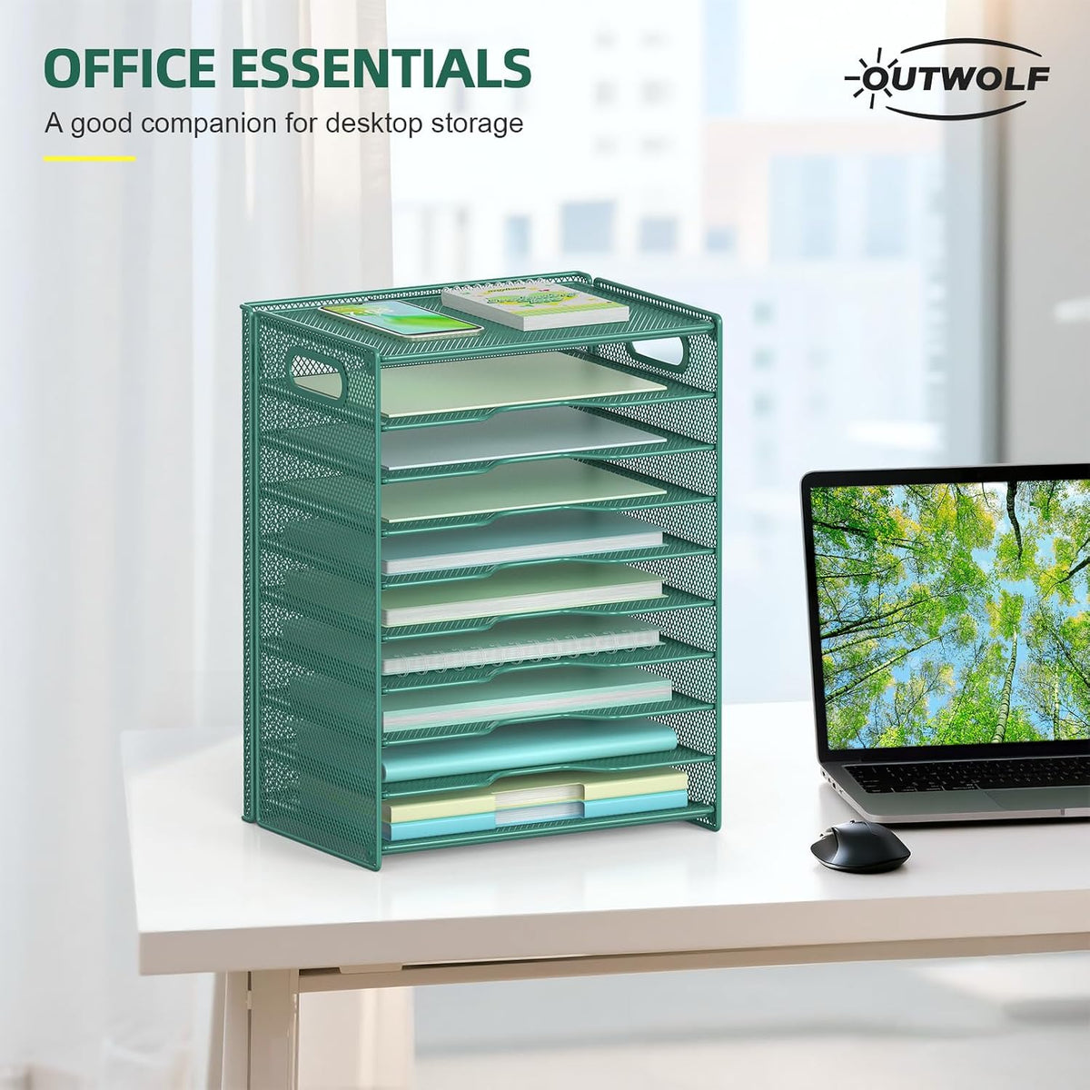 OUTWOLF 10 Tier Paper Organizer - Letter Tray Mesh Desk File Organizer with H...