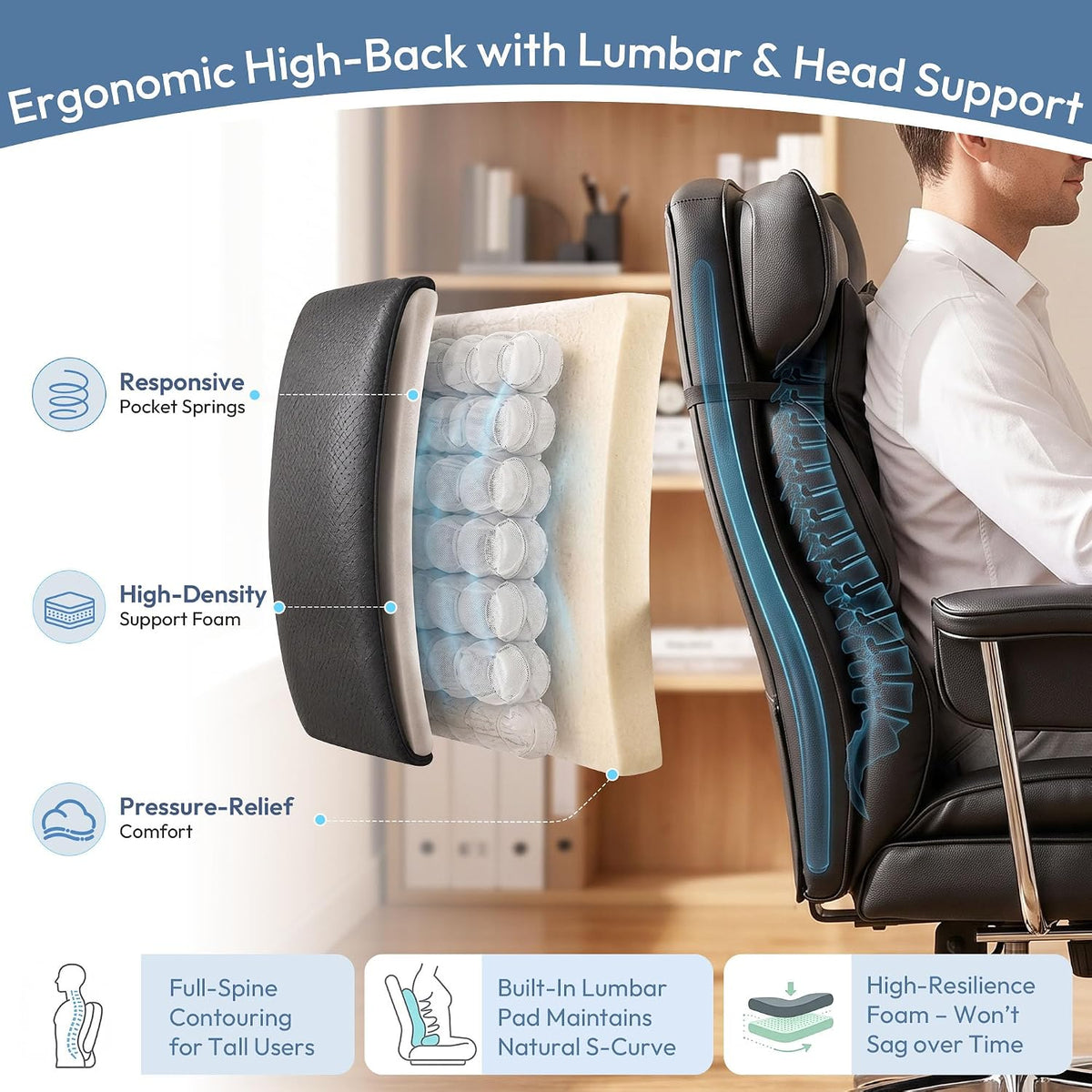 Big and Tall Office Chair, Ergonomic Leather Recliner Computer Chair, Black