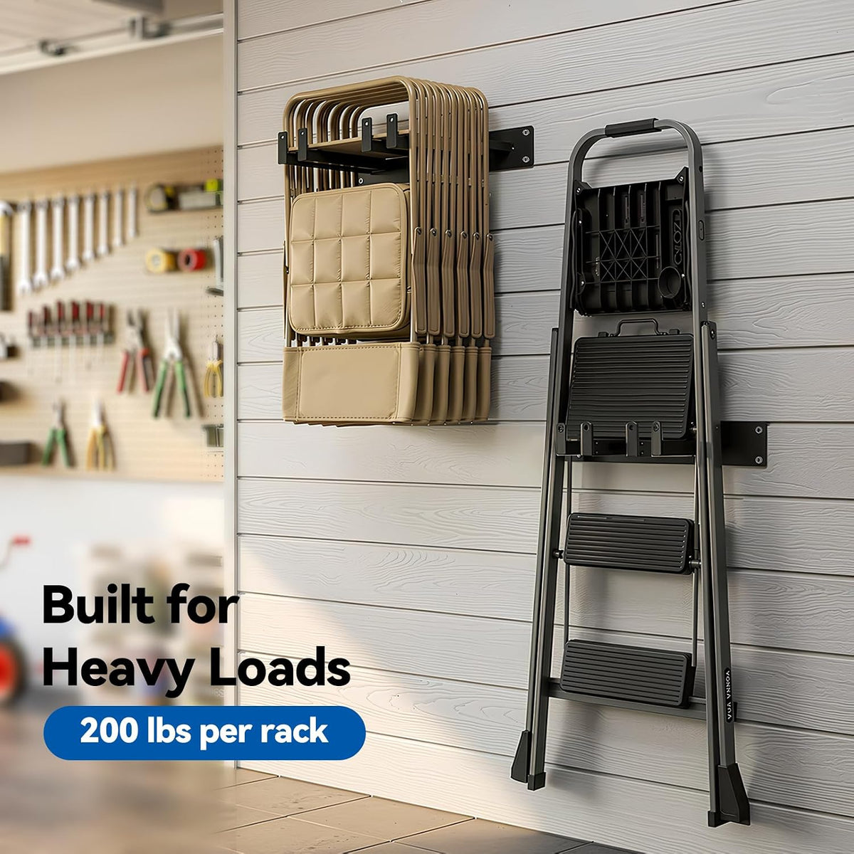 expandable folding chair storage racks wall mount, 11.4"–15.7" showing dimensions